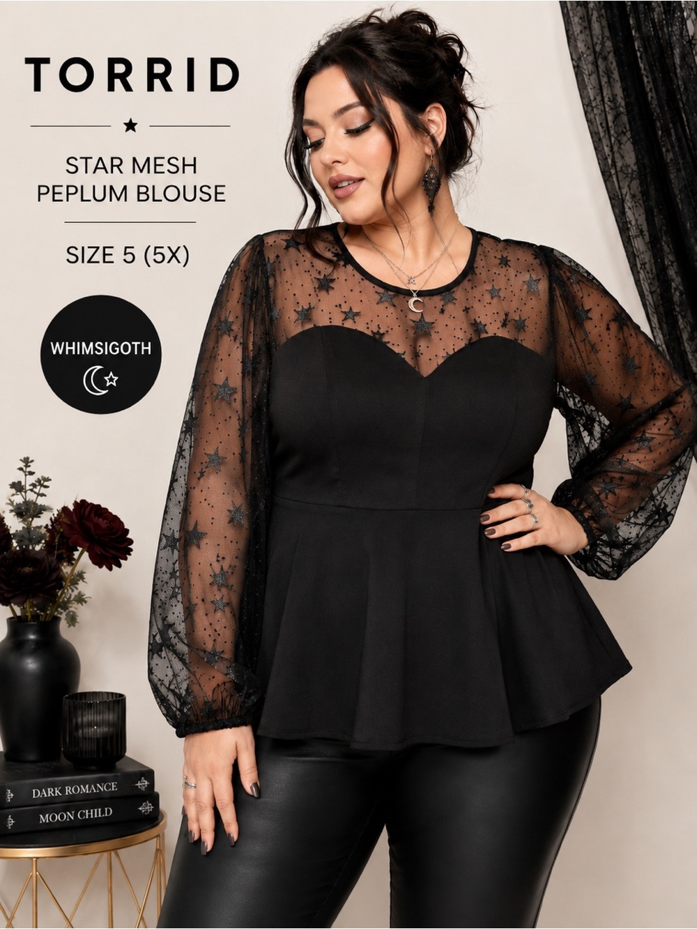 Torrid star mesh peplum blouse black size 5(US 28) whimsygoth sheer